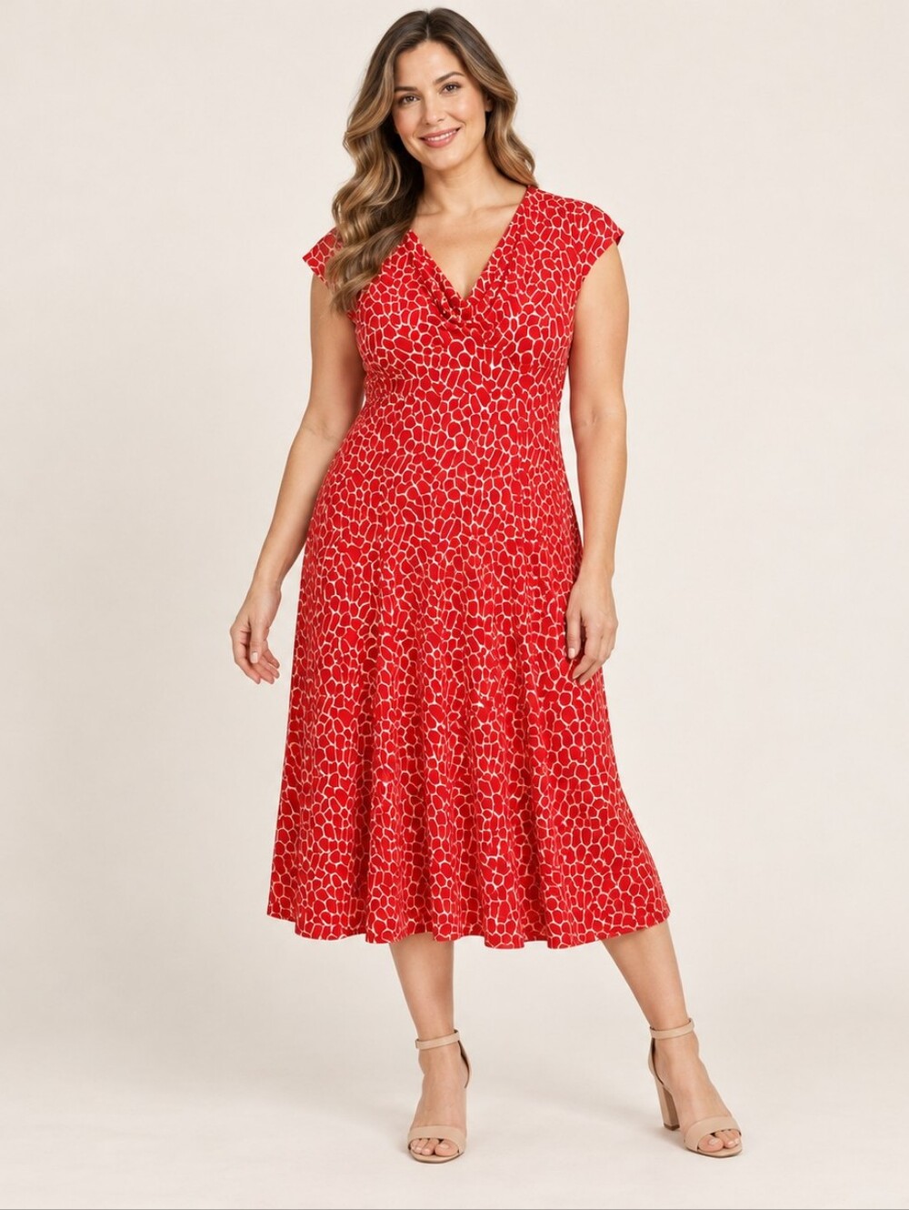 Glamour Women’s Size 10 Red Abstract Print Stretch Cowl Neck Midi Dress